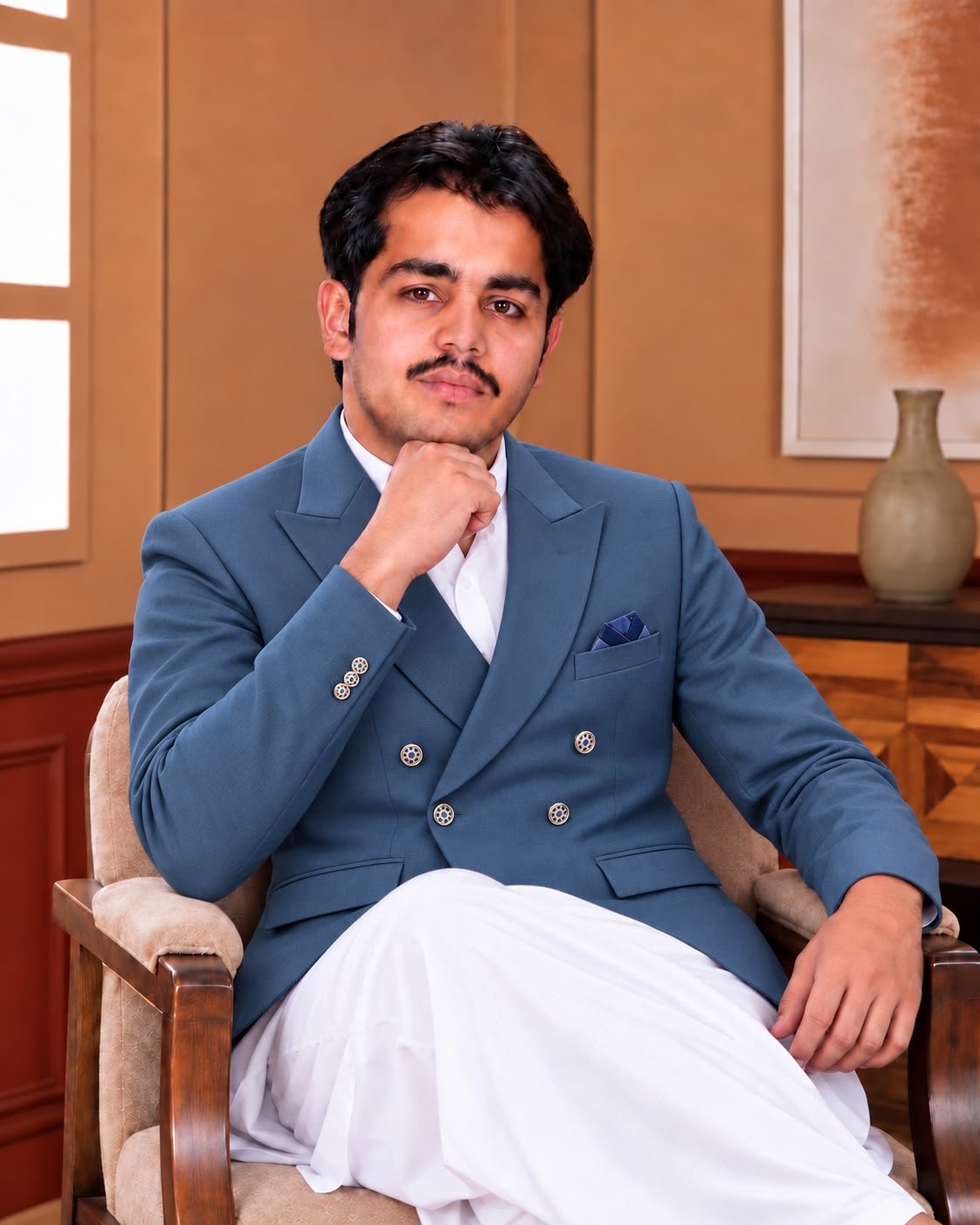 Men’s Short Double-Breasted Coat – Beige, Blue & Black - Al amin coat and waistcoat mehal