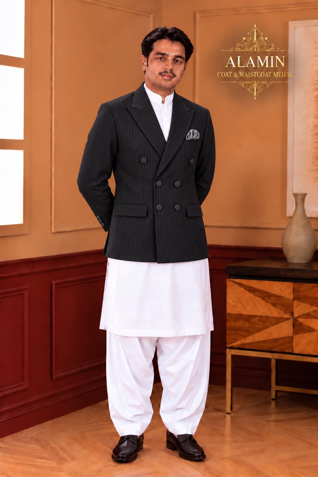 Men’s Short Double-Breasted Coat – Beige, Blue & Black - Al amin coat and waistcoat mehal