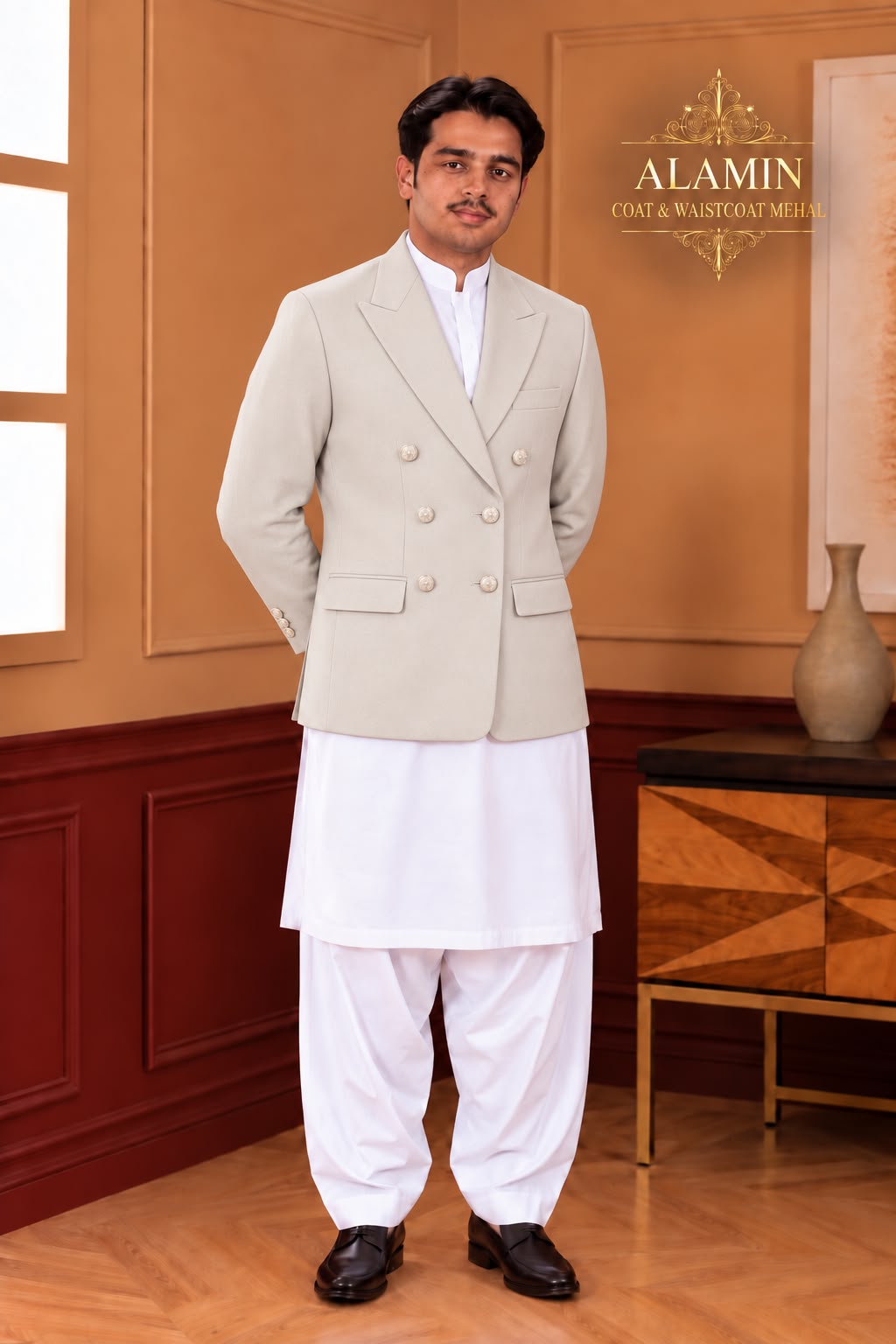 Men’s Short Double-Breasted Coat – Beige, Blue & Black - Al amin coat and waistcoat mehal