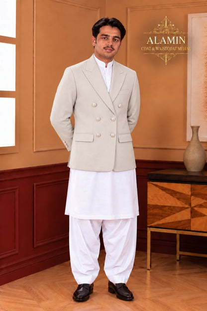 Men’s Short Double-Breasted Coat – Beige, Blue & Black - Al amin coat and waistcoat mehal