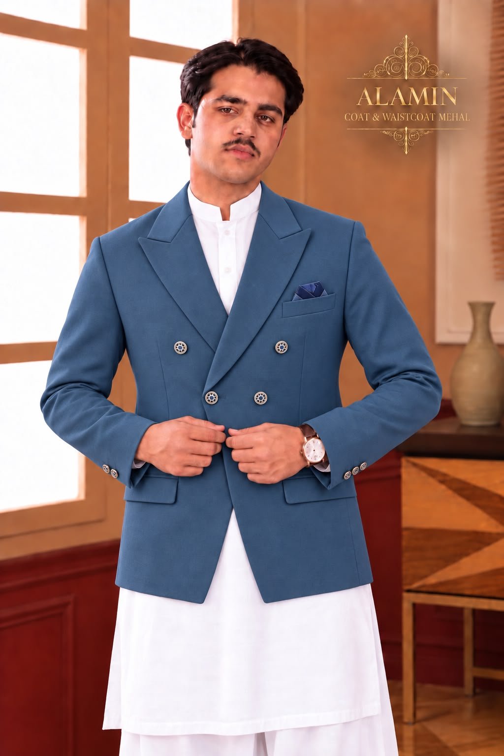 Men’s Short Double-Breasted Coat – Beige, Blue & Black - Al amin coat and waistcoat mehal
