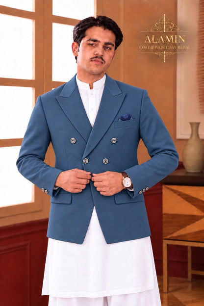 Men’s Short Double-Breasted Coat – Beige, Blue & Black - Al amin coat and waistcoat mehal