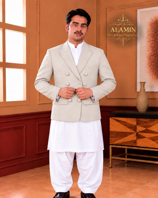 Men’s Short Double-Breasted Coat – Beige, Blue & Black - Al amin coat and waistcoat mehal