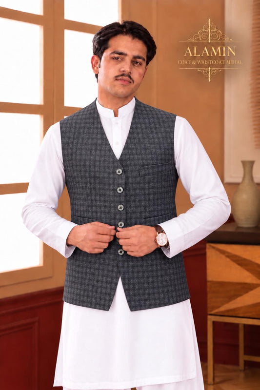 Micro-Check Mandarin Collar Waistcoat - Al amin coat and waistcoat mehal