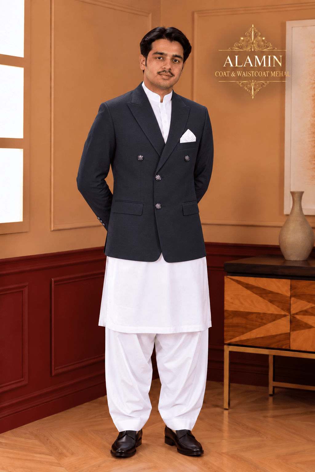 Navy Double-Breasted Coat - Al amin coat and waistcoat mehal