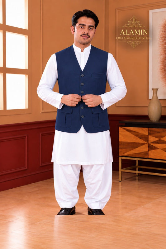 Navy Utility Pocket V-Neck Waistcoat - Al amin coat and waistcoat mehal