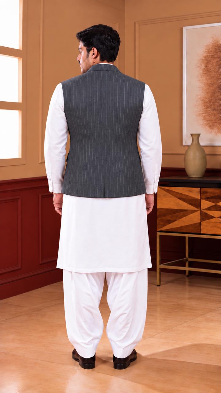 Pinstripe Mandarin Collar Waistcoat - Al amin coat and waistcoat mehal