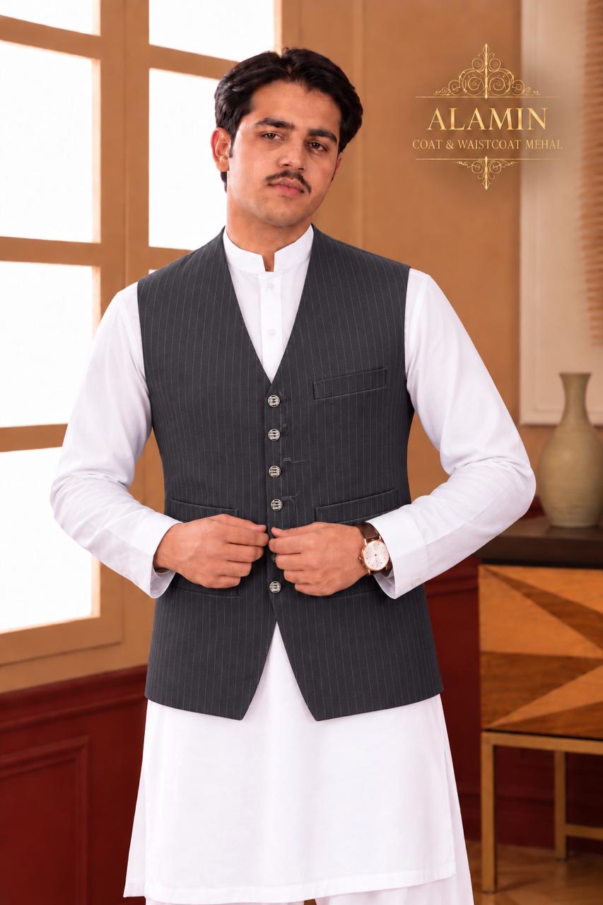 Pinstripe Mandarin Collar Waistcoat - Al amin coat and waistcoat mehal