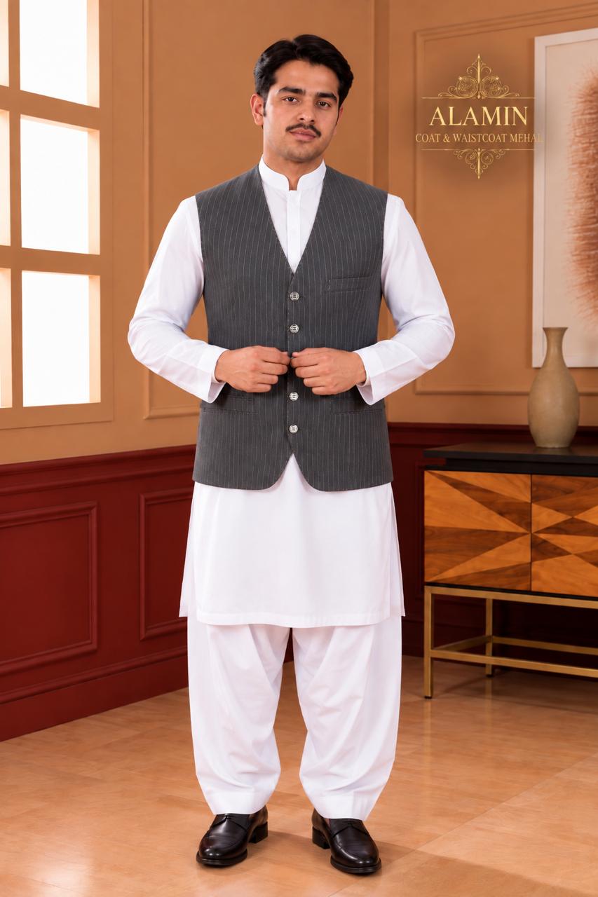 Pinstripe Mandarin Collar Waistcoat - Al amin coat and waistcoat mehal