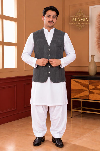 Pinstripe Mandarin Collar Waistcoat - Al amin coat and waistcoat mehal