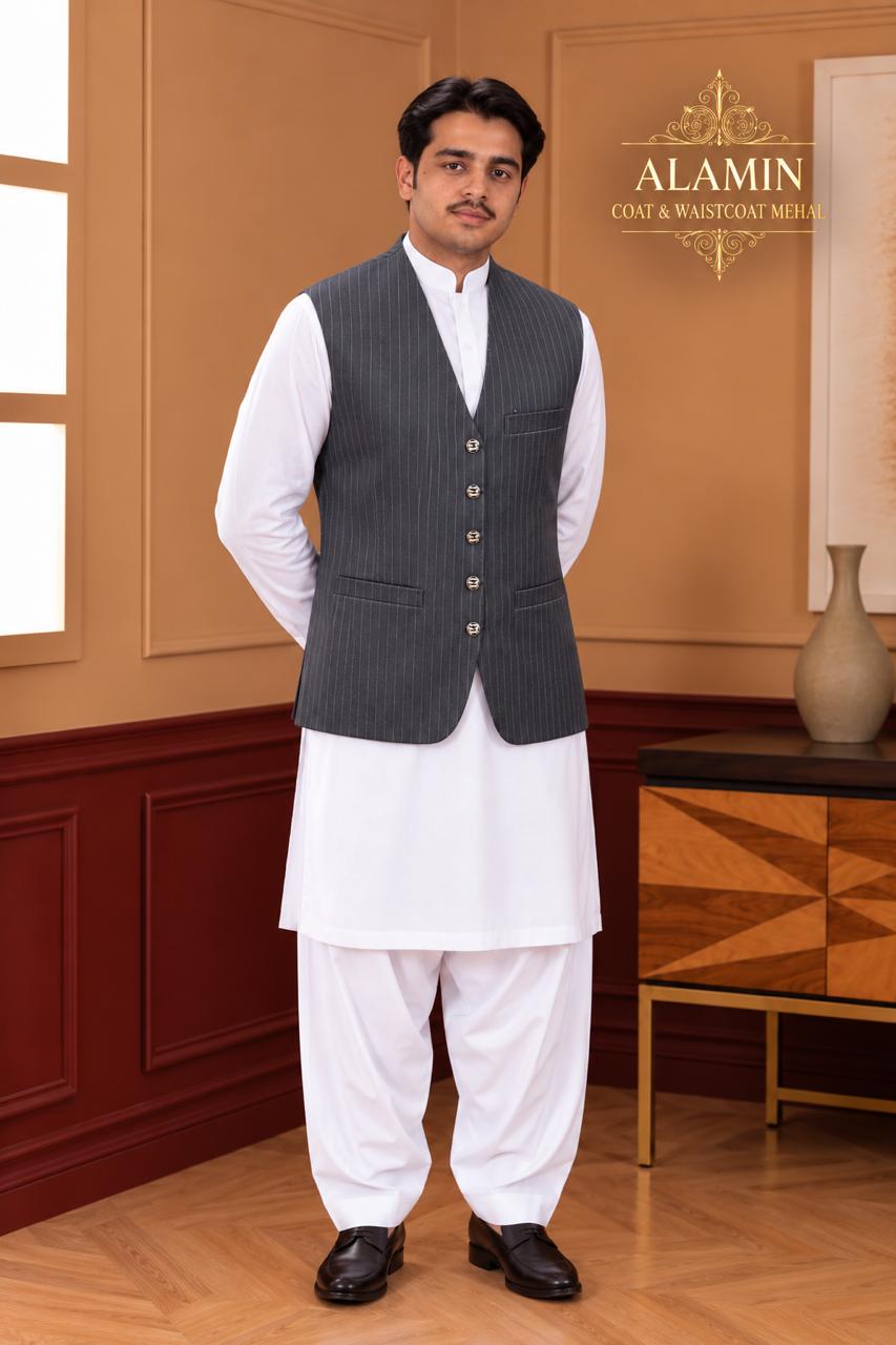 Pinstripe Mandarin Collar Waistcoat - Al amin coat and waistcoat mehal