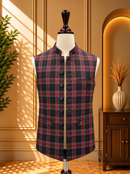 Sherwani Waistcoat in Black and Red Plaid