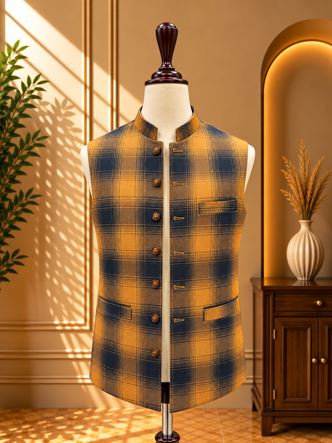 Sherwani Waistcoat in Mustard and Navy Plaid