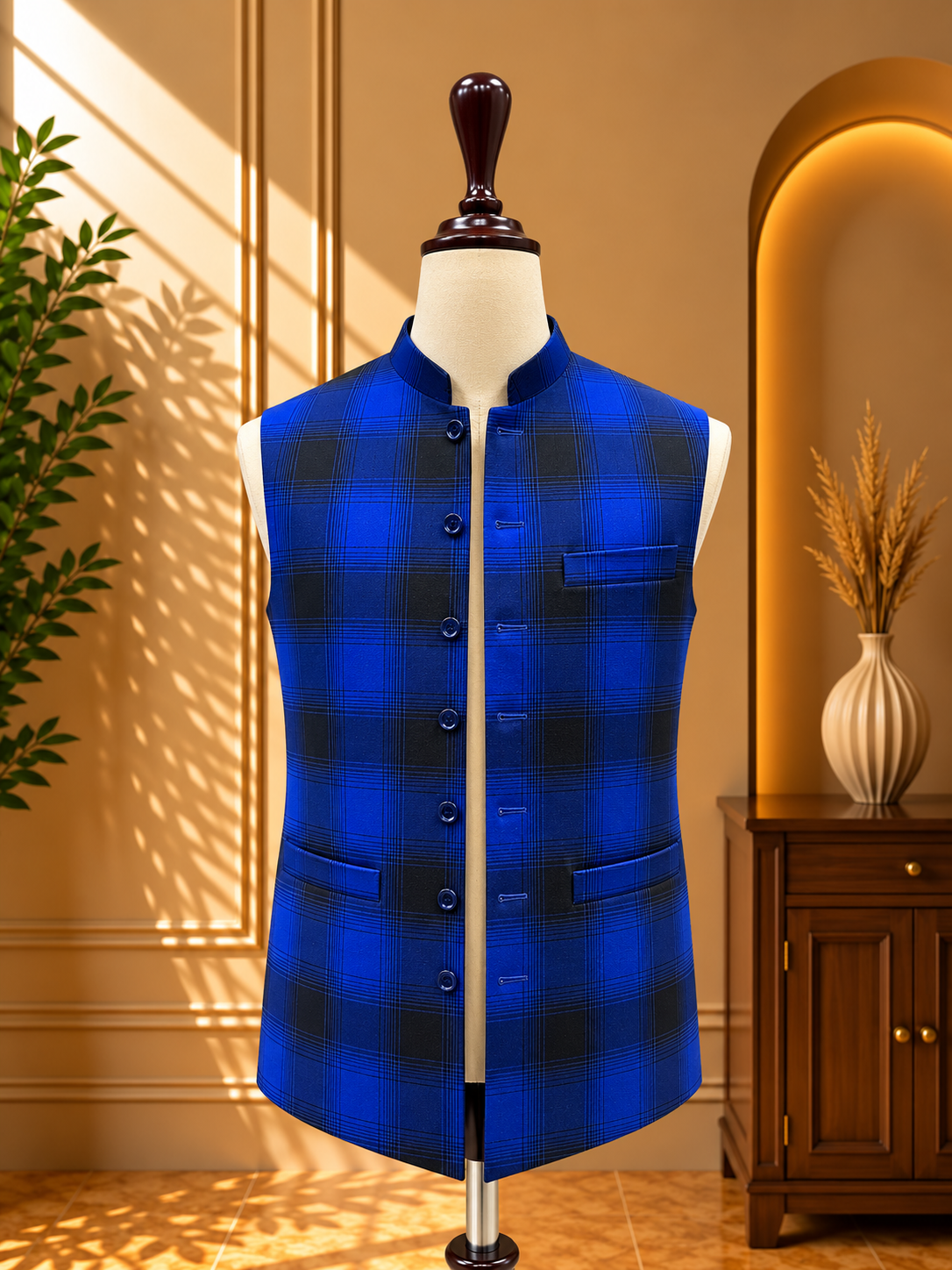Sherwani Waistcoat in Royal Blue Plaid