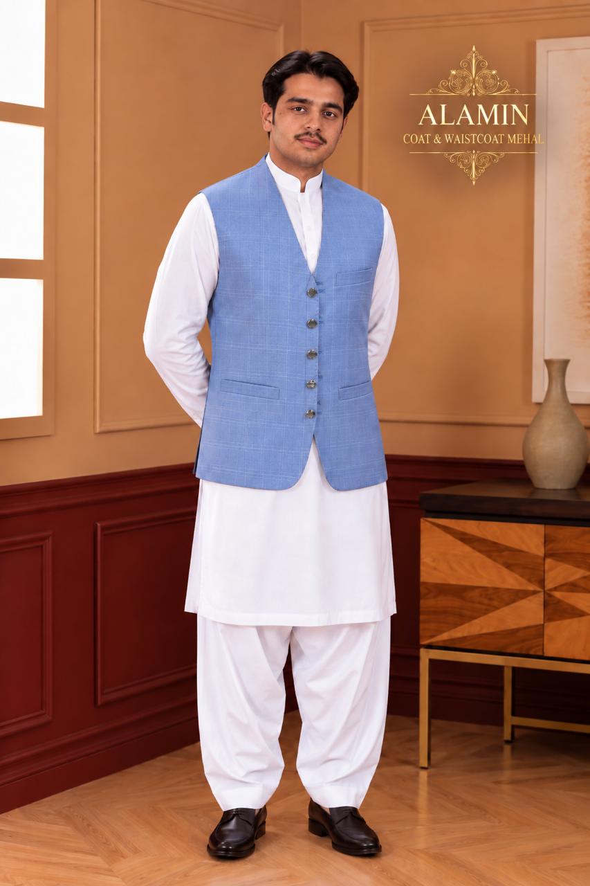 Textured Mandarin Collar Waistcoat - Al amin coat and waistcoat mehal