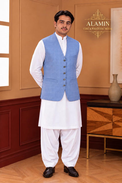 Textured Mandarin Collar Waistcoat - Al amin coat and waistcoat mehal