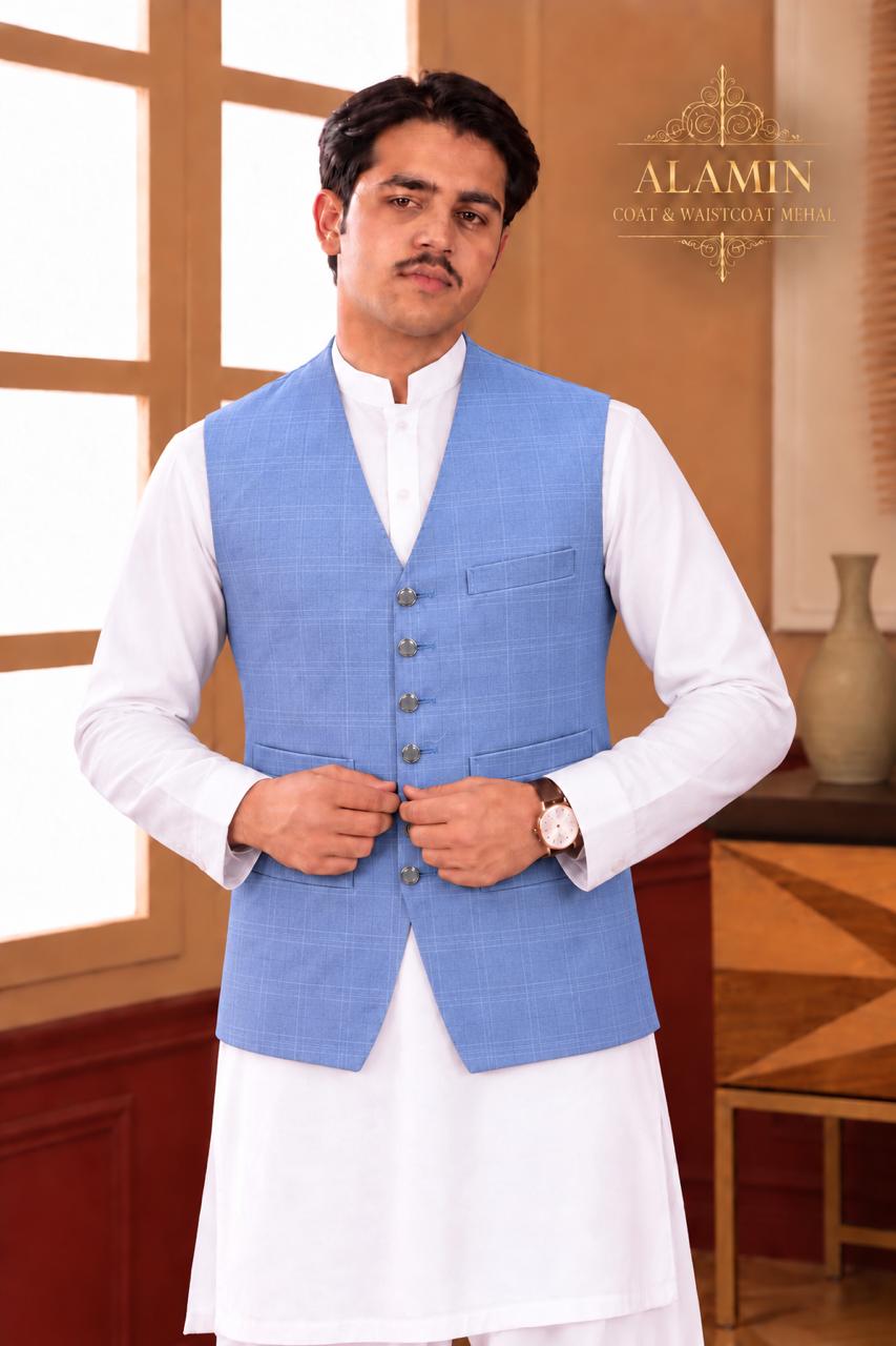 Textured Mandarin Collar Waistcoat - Al amin coat and waistcoat mehal