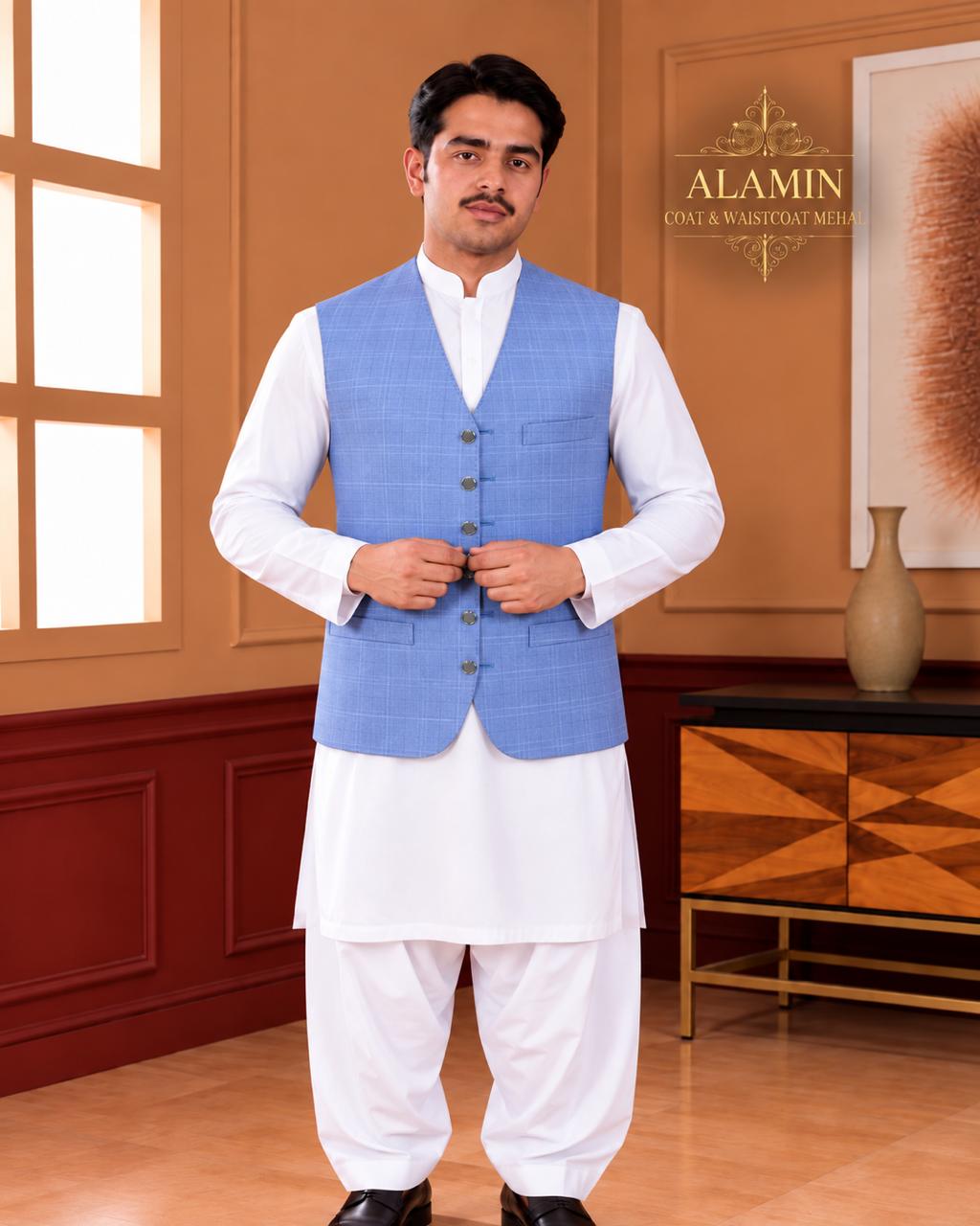 Textured Mandarin Collar Waistcoat - Al amin coat and waistcoat mehal